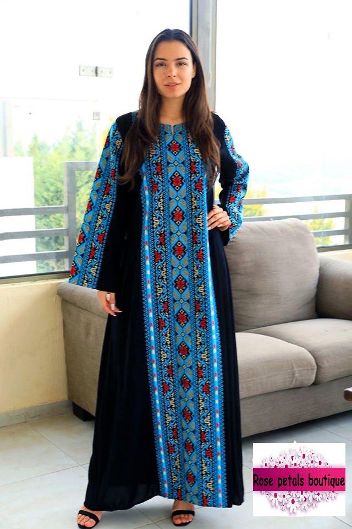 Thobe Embroidered Palestinian Maxi Dress Long Sleeves Kaftan Etsy