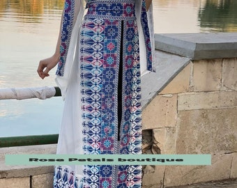 White/Blue Long Open Sleeves Embroidered Bisht