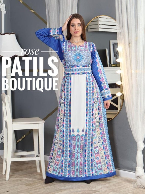 White blue Thobe Embroidered Palestinian Dress Long Sleeves Kaftan