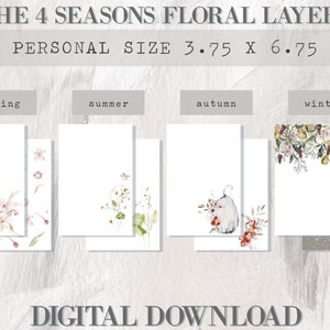 May include: Four printable digital planner pages featuring floral designs for each season: spring, summer, autumn, and winter. Each page is 9.5 cm by 17.1 cm.
