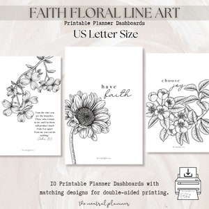 US Letter Faith Floral Line Art Painéis de planejador para impressão | Tamanho Carta dos EUA | Esboço floral decorativo | Decoração mínima de flores