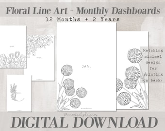 Personal Size | Floral Line Art Monthly Planner Dashboards | Minimal Aesthetic Planner Printables