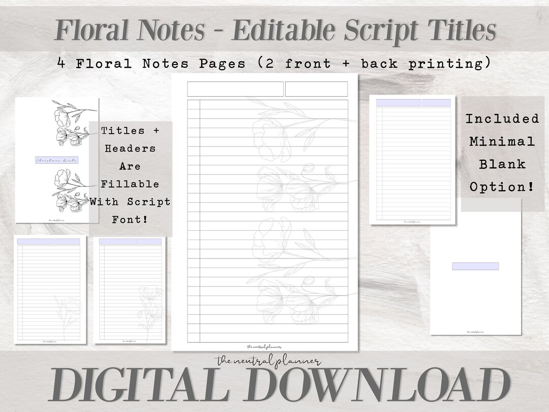 Floral Editable Notes | Personal Size | Minimal Line Art Fillable ...