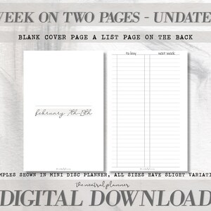 Puede incluir: Una descarga digital para un planificador imprimible con una p&aacute;gina de portada en blanco y una p&aacute;gina de lista en la parte posterior. La p&aacute;gina de portada tiene el texto "febrero 7th-8th" escrito en cursiva. La p&aacute;gina de lista tiene dos columnas etiquetadas como "por hacer" y "pr&oacute;xima semana".