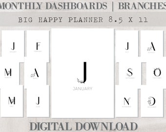 12 Month Floral Planner Dashboards - BIG HAPPY PLANNER - Black and White Minimal Printable Decor For Planners