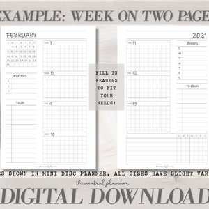 Puede incluir: Una p&aacute;gina de planificador digital imprimible con un calendario para febrero y un planificador semanal con espacio para tareas diarias, prioridades y listas de tareas. El texto "EXAMPLE: WEEK ON TWO PAGES" est&aacute; en la parte superior de la p&aacute;gina. El texto "FILL IN HEADERS TO FIT YOUR NEEDS!" est&aacute; en el medio de la p&aacute;gina.