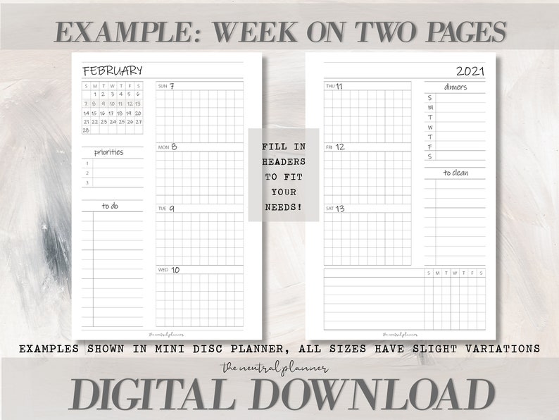 Puede incluir: Una p&aacute;gina de planificador digital imprimible con un calendario para febrero y un planificador semanal con espacio para tareas diarias, prioridades y listas de tareas. El texto "EXAMPLE: WEEK ON TWO PAGES" est&aacute; en la parte superior de la p&aacute;gina. El texto "FILL IN HEADERS TO FIT YOUR NEEDS!" est&aacute; en el medio de la p&aacute;gina.