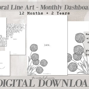 Half Letter Size | Floral Line Art Monthly Planner Dashboards | Minimal Aesthetic Planner Printables