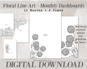 A5 Size Planner | Floral Line Art Monthly Planner Dashboards | Minimal Aesthetic Planner Printables
