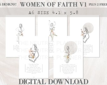 Könnte beinhalten: Fünf druckbare digitale Downloads mit minimalistischen Strichzeichnungen von Frauen mit floralen Akzenten und inspirierenden Zitaten über den Glauben. Die Zitate stammen aus der Bibel und beinhalten Verse wie "Sie ist mit Stärke und Würde bekleidet" und "Betrachte die Lilien, wie sie wachsen".