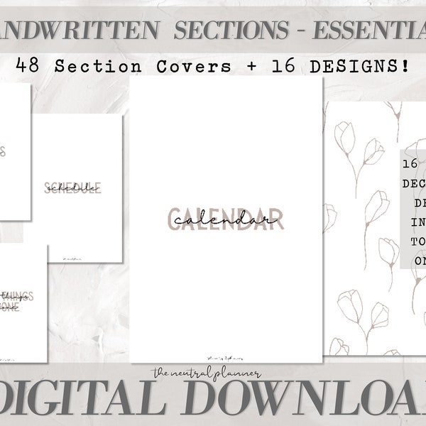 Franklin Covey Compact | 48 Handwritten Sections - Essentials | Neutral + Minimal Planner Printable for Sections + Dividers