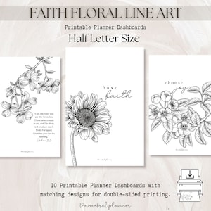 Halber Buchstabe Glaube Floral Line Art Printable Planer Dashboards | Halbbuchstabe Scheibengröße | Dekorative Blumen Skizze | Minimalistische Blumendeko