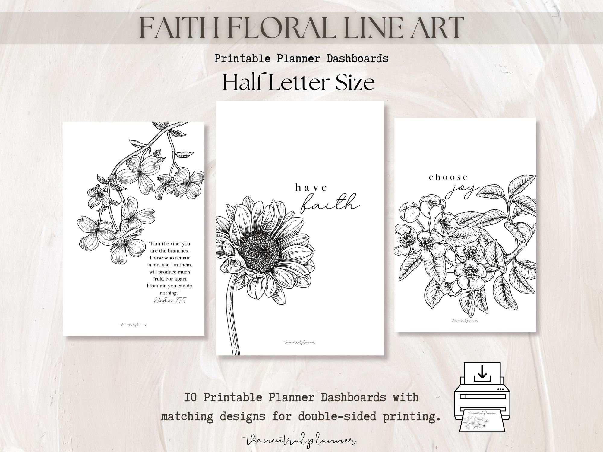 Half Letter Faith Floral Line Art Printable Planner Dashboards Half ...