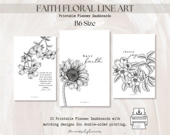 B6 TN Faith Floral Line Art Printable Planner Dashboards | Traveler's Notebook Size | Decorative Floral Sketch | Minimal Flower Deco