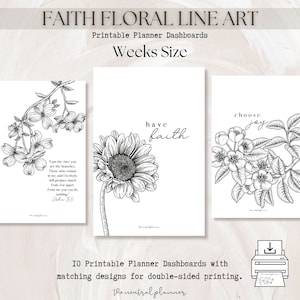 Weeks TN Faith Floral Line Art Printable Planner Dashboards | Traveler's Notebook Size | Decorative Floral Sketch | Minimal Flower Deco