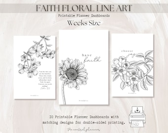 Weeks TN Faith Floral Line Art Printable Planner Dashboards | Traveler's Notebook Size | Decorative Floral Sketch | Minimal Flower Deco