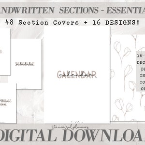 May include: A digital download for 48 handwritten section covers and 16 minimal decorative designs for a planner. The covers include text such as "Fitness", "Schedule", and "Calendar". The designs feature a simple floral pattern.