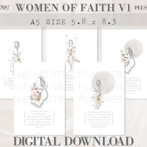 以下が含まれることがあります： 信仰に関するインスピレーションを与える引用と、花柄のアクセントをつけた女性のミニマルな線画が描かれた、印刷可能なデジタルダウンロード5点。デザインは、薄いベージュの背景に、ニュートラルなカラーパレットでまとめられています。テキストには、「彼女は力と尊厳を身にまとっている」や「ユリがどのように成長するかを考えなさい」など、聖書からの引用が含まれています。