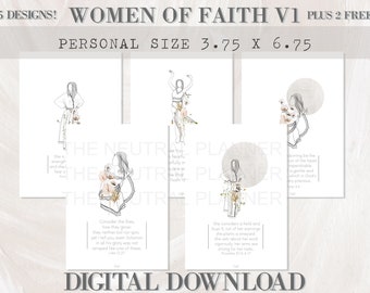 Könnte beinhalten: Fünf druckbare digitale Downloads von Line-Art-Illustrationen von Frauen mit floralen Akzenten und inspirierenden Zitaten über den Glauben. Der Text enthält Bibelverse und die Worte "Women of Faith V1 Plus 2 Free!" und "Personal Size 3.75 x 6.75".