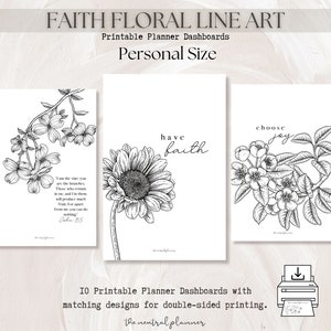 Puede incluir: Tres tableros de planificación imprimibles con arte de línea floral y citas inspiradoras: "Yo soy la vid, vosotros sois las ramas...", "ten fe" y "elige la alegría".