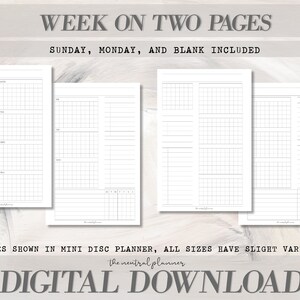 Puede incluir: Una descarga digital de p&aacute;ginas de planificador semanal imprimibles. Las p&aacute;ginas est&aacute;n dise&ntilde;adas para un planificador de disco mini e incluyen domingo, lunes y una p&aacute;gina en blanco. El texto "WEEK ON TWO PAGES" y "SUNDAY, MONDAY, AND BLANK INCLUDED" est&aacute; en la parte superior de la imagen. El texto "EXAMPLES SHOWN IN MINI DISC PLANNER, ALL SIZES HAVE SLIGHT VARIATIONS" est&aacute; en la parte inferior de la imagen. El texto "the neutral planner" est&aacute; debajo del texto anterior. El texto "DIGITAL DOWNLOAD" est&aacute; en la parte inferior de la imagen.