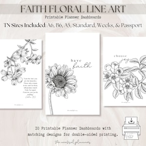 TN Faith Floral Line Art Printable Planner Dashboards | Traveler&#39;s Notebook Size | Decorative Floral Sketch | Minimal Flower Deco