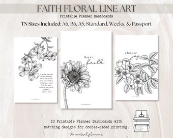 TN Faith Floral Line Art Printable Planner Dashboards | Traveler's Notebook Size | Decorative Floral Sketch | Minimal Flower Deco