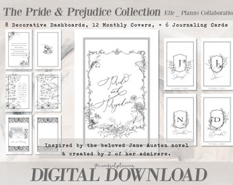 ハーフレターサイズ | The Pride & Prejudice Collection x Elle_Planns | 印刷可能なプランナーダッシュボード + 月間カバー + ジャーナリングカード