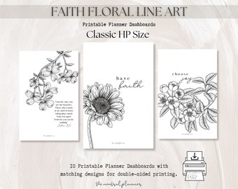 Classic HP Faith Floral Line Art Printable Planner Dashboards | Classic HP Disc Size | Decorative Floral Sketch | Minimal Flower Deco