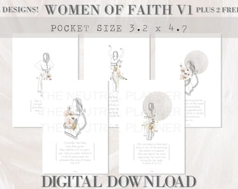 Könnte beinhalten: Fünf digitale druckbare Designs mit Strichzeichnungen von Frauen mit floralen Akzenten und inspirierenden Zitaten über den Glauben. Die Designs sind 8,1 cm x 11,9 cm groß und tragen die Aufschrift "Women of Faith V1 Plus 2 Free!" und "Digitaler Download".