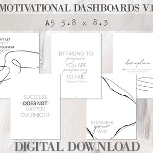 Könnte beinhalten: Fünf druckbare Motivations-Dashboards in Schwarzweiß mit inspirierenden Zitaten und abstrakter Linienkunst. Die Zitate beinhalten "Lass dich nicht von Perfektion davon abhalten, Fortschritte zu machen", "Erfolg passiert nicht über Nacht", "Wer sich nicht vorbereitet, bereitet sich auf das Scheitern vor - Benjamin Franklin", "Disziplin", und "Erinnere dich an dein Warum".