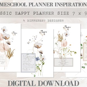 Puede incluir: Cuatro diseños de planificadores imprimibles con ilustraciones florales de acuarela y citas inspiradoras. Las citas son: "¿Qué pasaría si, en lugar de intentar sacar el máximo provecho de nuestro tiempo, trabajáramos más duro para saborearlo?", "Sé un maestro incondicional y de apoyo para tus hijos, incluso cuando no lo merecemos,  hagamos como si lo mereciéramos porque eso es lo que nuestro Padre celestial hace por nosotros", "Guarda tu mente con lo que alimentas tu corazón", y "Toda nuestra enseñanza de los niños debe darse con esta humildad de que estamos en el mismo barco, y "operamos" con el Espíritu Santo." Los diseños son para un planificador clásico feliz de tamaño 7 x 9,25 pulgadas.
