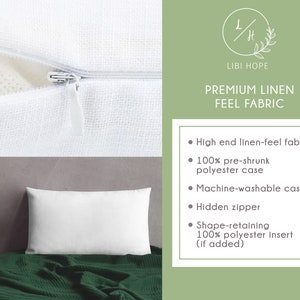 May include: White pillowcase with a zipper closure. The pillowcase is made of a linen-feel fabric and is machine washable. The text "LIBI HOPE" and "PREMIUM LINEN FEEL FABRIC" is visible on the right side of the image.
