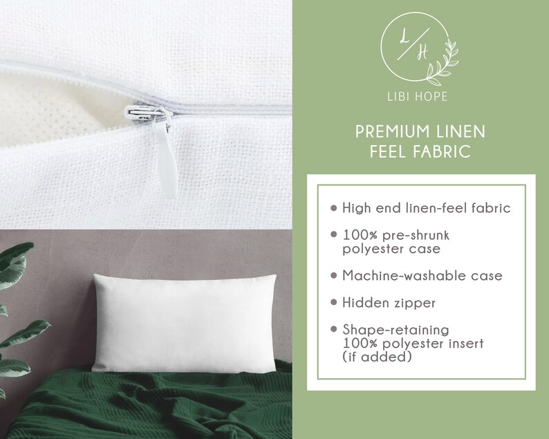 May include: White pillowcase with a zipper closure. The pillowcase is made of a linen-feel fabric and is machine washable. The text "LIBI HOPE" and "PREMIUM LINEN FEEL FABRIC" is visible on the right side of the image.