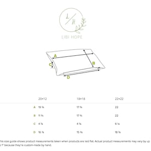May include: A diagram showing the measurements of a pillow in inches. The pillow is shown in a flat, rectangular shape with four sides labeled A, B, C, and D. The measurements for each side are listed in a table below the diagram for three different pillow sizes: 20x12, 18x18, and 22x22.