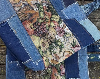 Bolsa de tecido jeans com colagem de coelhos e frutas, bolsa de verão feita com retalhos reciclados.