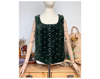 Green Velvet Floral Patterned Classic Traditional Austrian Folk Vest