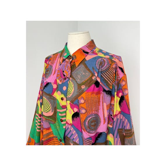 Multicolored Abstract Patterned Balloon Sleeved V… - image 2