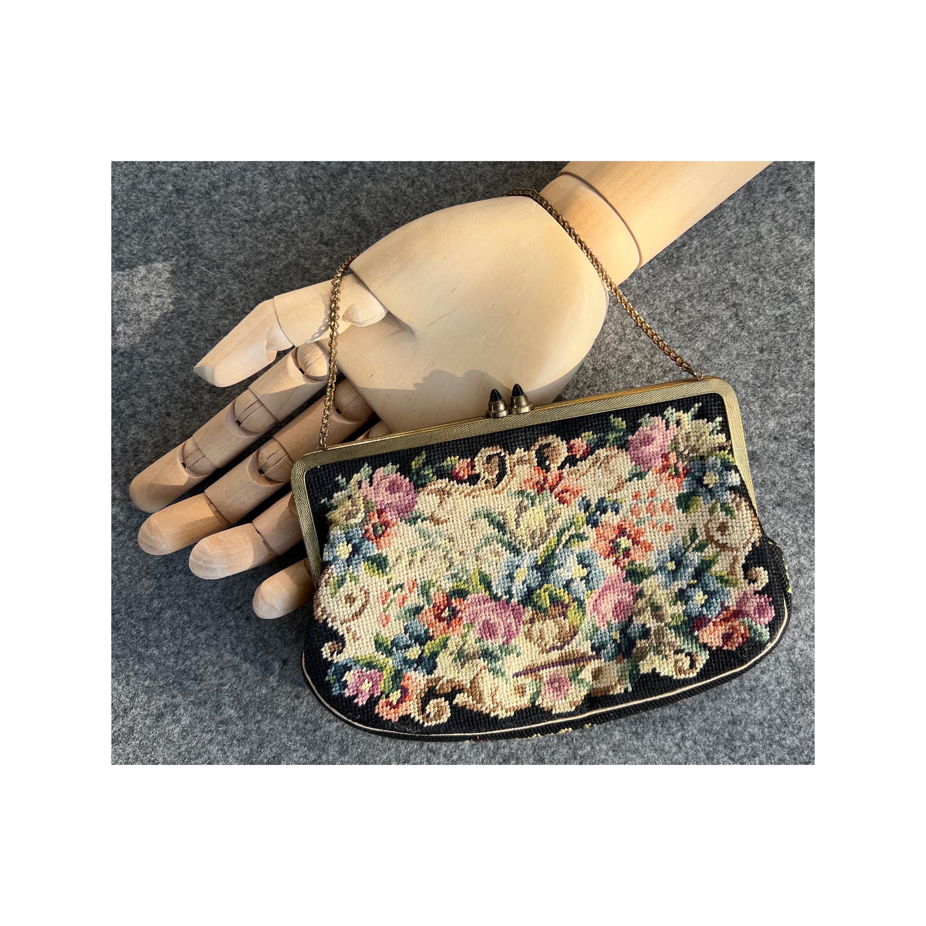 Vintage Austrian Floral Patterned Needlepoint Tapestry Mini Purse
