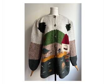 Novelty Village Garden Scenery Patterned Handmade Knitted Vintage Austrian Folk Cardigan