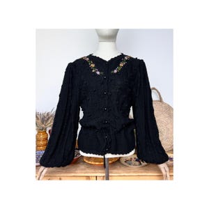 Puff Sleeved Vintage Black Floral Patterned Handknitted Embroidered Traditional Austrian Folk Dirndl Cardigan