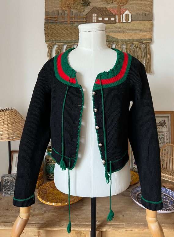 Black Knitted Vintage Austrian Folk Cropped Cardi… - image 3