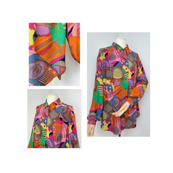 Multicolored Abstract Patterned Balloon Sleeved V… - image 13