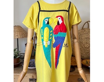 UZI Patches Parrot Patterned Vintage 80s Yellow Shirt  Dress
