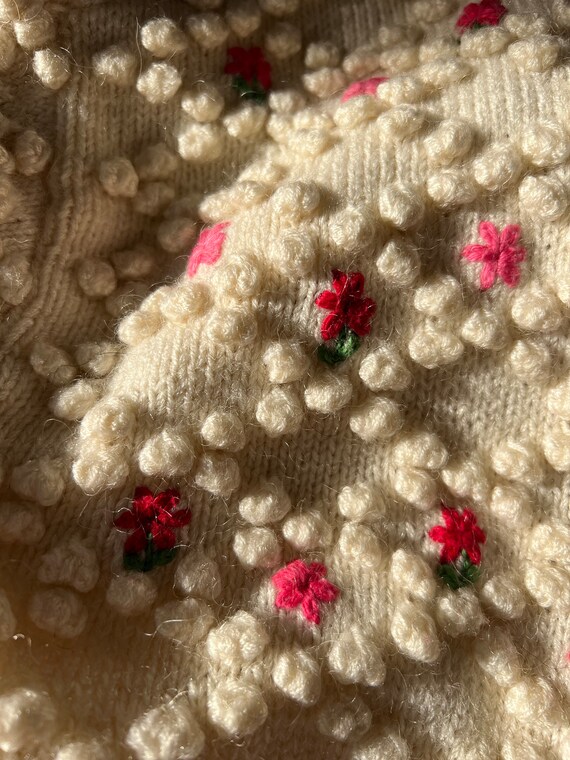 Cute White Floral Embroidered Popcorn Chunky Hand Knit Button Up Cardigan