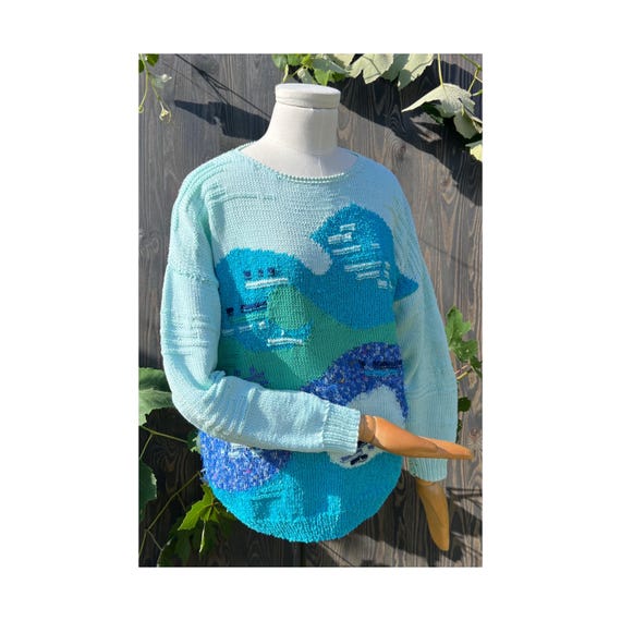 Abstract Patterned Hand Knitted Vibrant Blue Vint… - image 2