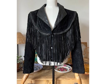 Black Cachè Leather Fringe Cowboy Style Vintage Jacket