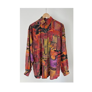 Colorful Vintage Abstract Patterned Oversized  Button Up Blouse