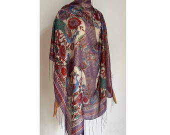 Peacock Patterned Metallic Threaded Vintage 70s 80s Boho Gauze Scarf / Hippie Eighties Gauze Shawl