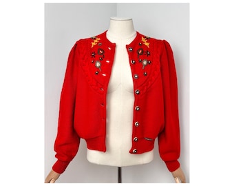Cárdigan estilo dirndl austriaco vintage con mangas abullonadas y bordado de Giesswein
